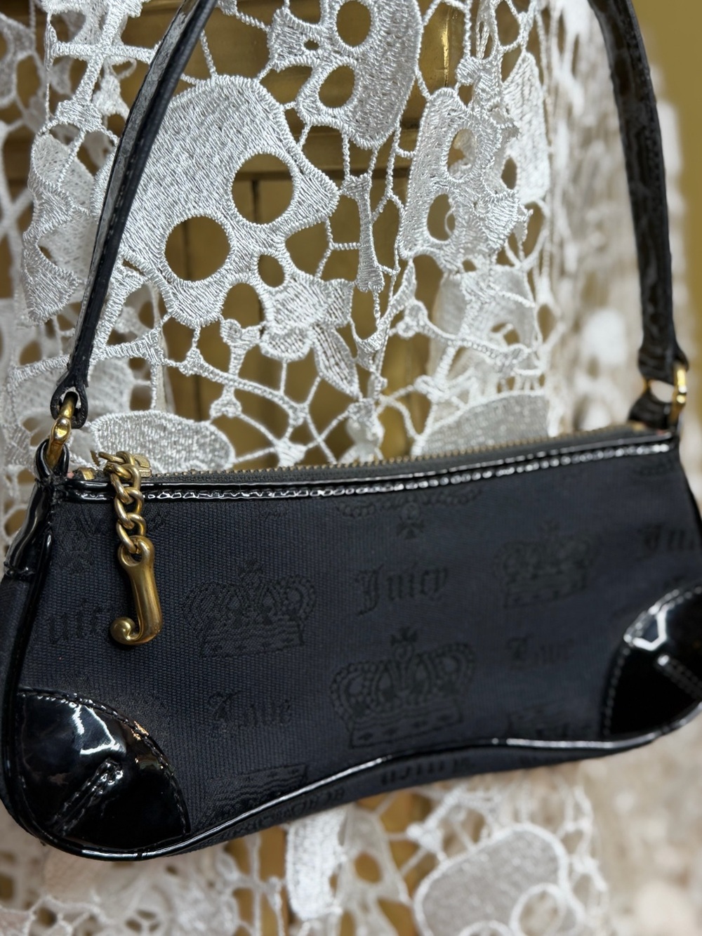 VTG Juicy Couture Black Logo Jacquard Mini Y2K Shoulder Bag with Gold Accent